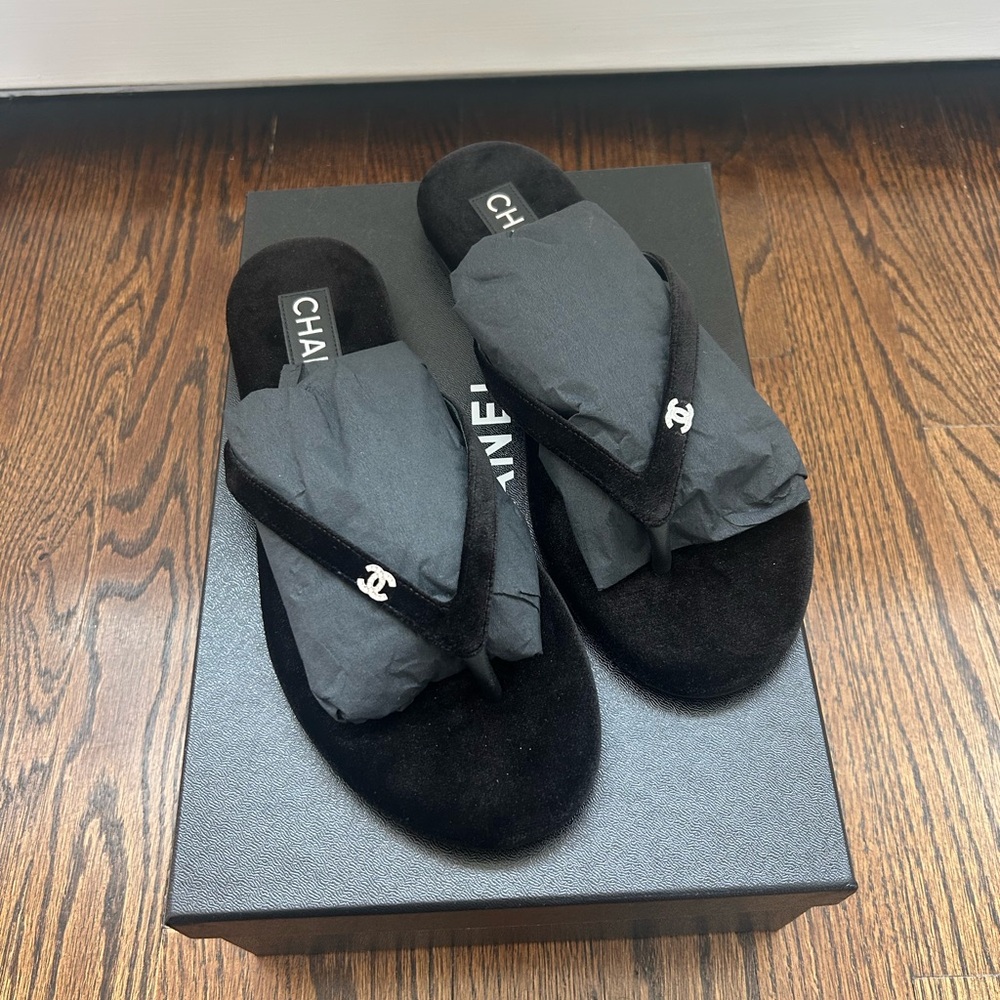Chanel Velvet Flip Flops